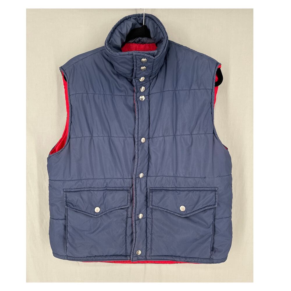 Vintage Puffer Vest Mens Medium Navy Blue Snap Pockets Nylon Red Lining